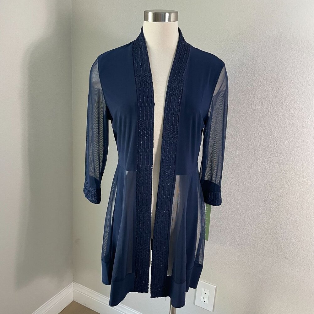 NEW R & M Collection Womens 10 Navy Mesh Sleeve Open Front Cardigan Duster